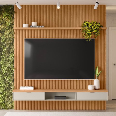 Painel Tv 60" 219cm Nicho Suspenso Prateleira Marisa Nature Fosco L04 - D'rossi