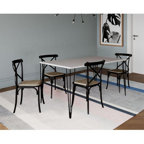 Jogo de Mesa Elen Retangular Tampo de Madeira 140x80cm Branco com 4 Cadeiras Katrina Pretoo B