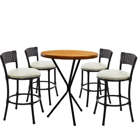 4 Banquetas Forts Baixa Fibra Preto Ferro Bistrô Tampa Madeira com Assento Branco
