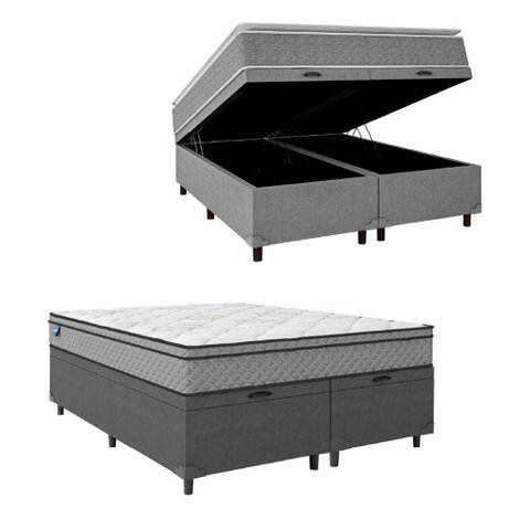 Cama Box Baú Queen Colchão Molas Ensacadas Mirage 158x198x65cm Cinza/Branco Umaflex