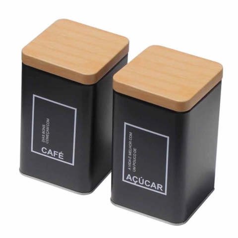 Kit 2 Porta Mantimento Decoração Espaço Café Tampa Bambu Cor:PRETO5803