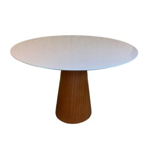 Mesa Cone 90cm Base Madeira Natural Mogno e Tampo Branco