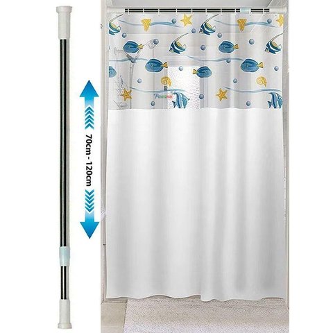 Kit Varão + Cortina Box Banheiro - Varao Extensivel 70 Ate 120cm Metal e Cortina de Box Vinil Peixes