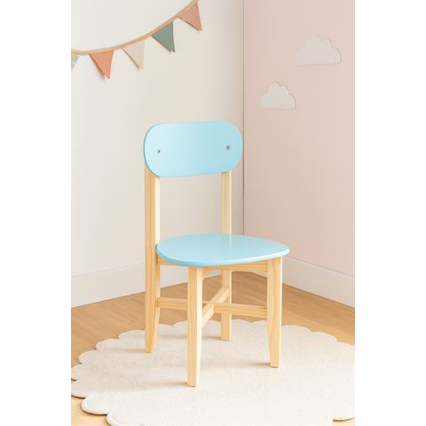 Cadeira Infantil para Refeitório Assento e Encosto Azul Base Madeira