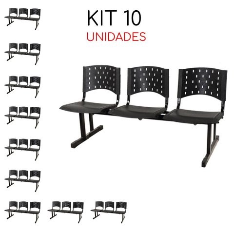 Kit 10 Cadeiras Longarinas Plásticas 03 Lugares - Cor Preto - Realplast - 23008