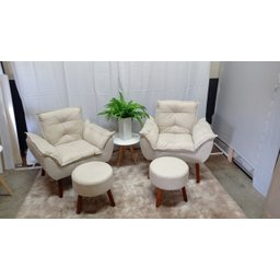 Kit 02 Poltrona Decorativa Opala + 02 Puff Redondo Suede Bege- Pandora Decor - 1