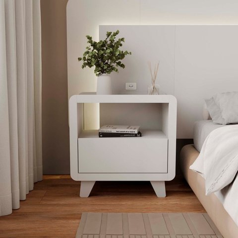 Mesa de Cabeceira 55cm com Gaveta e Nicho 100% MDF Padrão Planejados Mabel Branco
