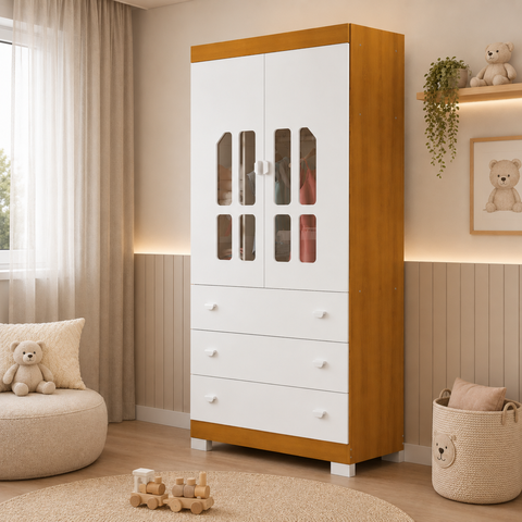Guarda Roupa Katatau para Quarto de Bebê 100% MDF 2 Portas Branco/Fosco/Savana