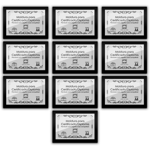 Kit 10 Certificados Diplomas A4 com Tela de Acetato e MDF - Moldura Preta