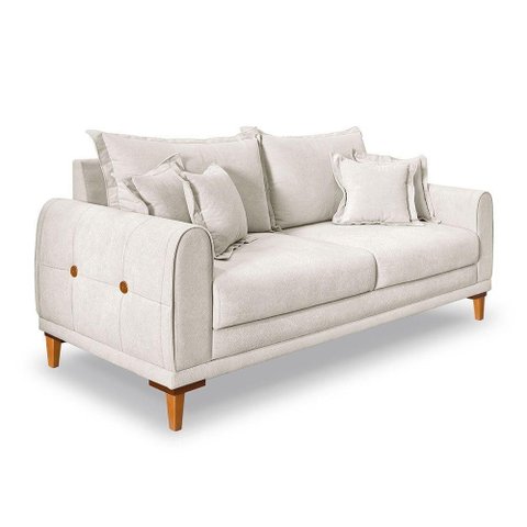 Sofá Living 2 Lugares 1,60m Livia Bouclê Pés de Madeira - Pallazio Cor Off White
