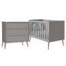 Jogo de Quarto Infantil Theo Cômoda 3 Gavetas e Berço Cinza Fosco com Pés Madeira Natural - Reller M - 1