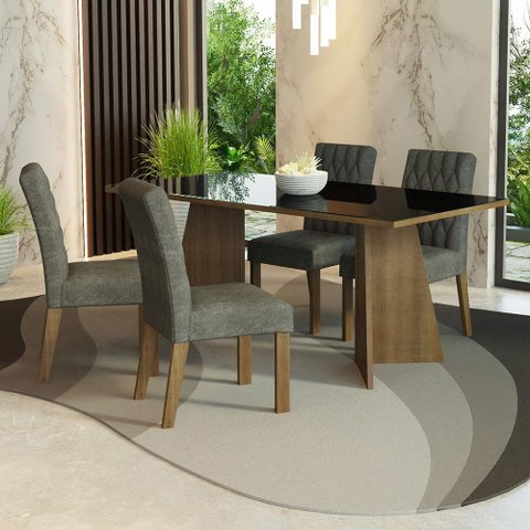 Conjunto Sala de Jantar Mesa Tampo de Vidro 4 Cadeiras Madesa Rustic-preto-silver
