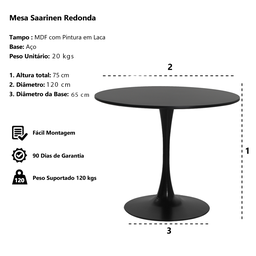 Mesa Saarinen Tulipa Redonda 120cm Tampo Madeira Branca Sala Cozinha Jantar - 3