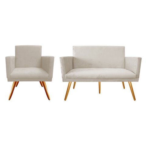 Kit Namoradeira + 1 Poltrona Decorativa Nina Suede Bege Pés Madeira Ms Decor