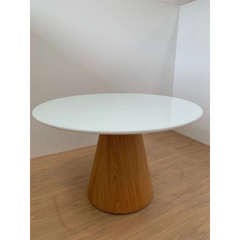Mesa de Jantar Redonda 90cm Laca Branca - Base Cone Freijó