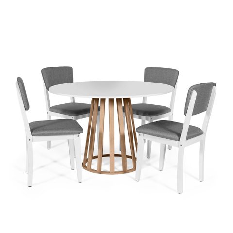 Mesa de Jantar Redonda Gabi Bran/jade com 4 Cadeiras Estofadas Ella Branco/cinza Escuro
