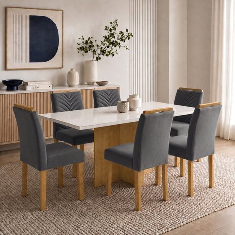 Conjunto de Mesa de Jantar 6 Lugares com Tampo de Vidro Carol Cinamomo Off White