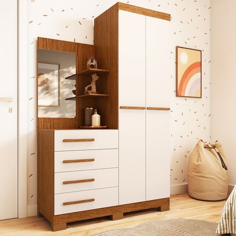 Guarda-Roupa Infantil 2 Portas 4 Gavetas com Espelho 100% MDF 110cm Auris Espresso Móveis Bege/Cinamomo/Off White
