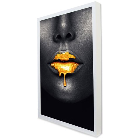 Quadro Decorativo Caixa Mulher Lábios Dourado Tacolado Moldura Caixa 3cm Branca sem Vidro 80 X 120cm