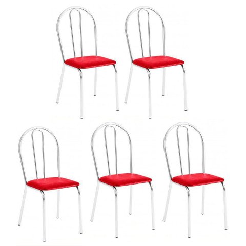 Kit 5 Cadeiras Lisboa Cromada para Cozinha ou Área Gourmet-assento Sintético Vermelho