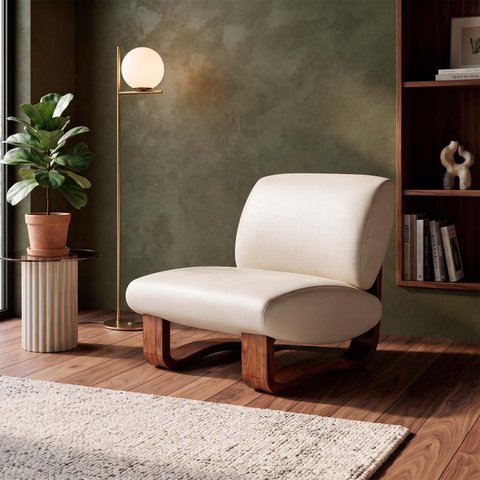 Poltrona Lusso Estofada Design Moderno Estrutura Madeira Cor Castanho Tecido Corino Offwhite