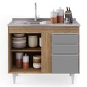 Ver imagem 3 de Balcão Gabinete Com Pia Inox 100cm 3 Portas 2 Gavetas Luziania Castanho/Cinza - Lumil Móveis