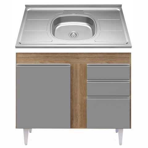 Balcão Gabinete Com Pia Inox 100cm 3 Portas 2 Gavetas Luziania Castanho/Cinza - Lumil Móveis