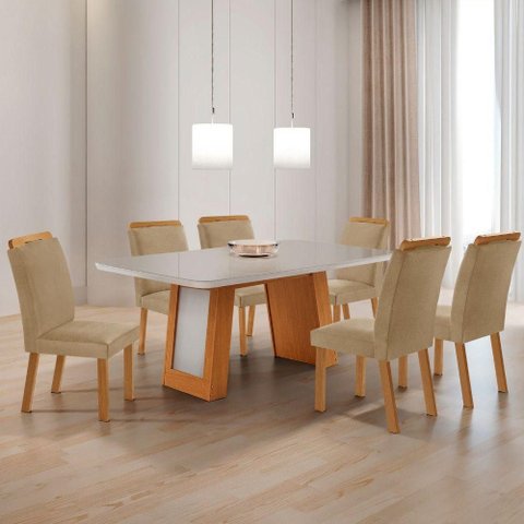 Conjunto de Jantar Carolina 6 Lugares Tampo em Vidro com Cadeiras Estofadas 180cm Moderna