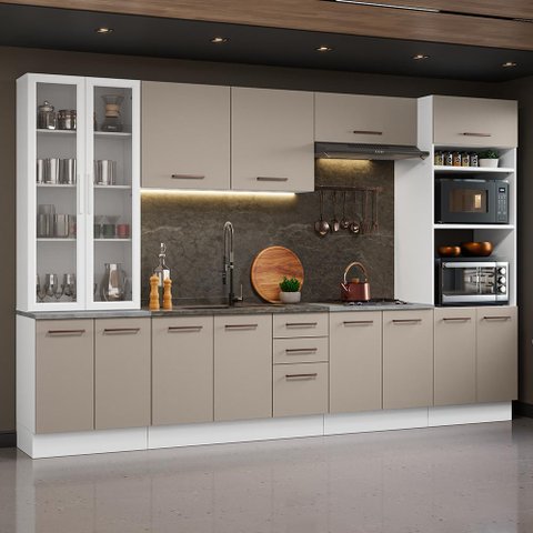 Armário de Cozinha Completa 340cm Branco/crema Agata Madesa 01