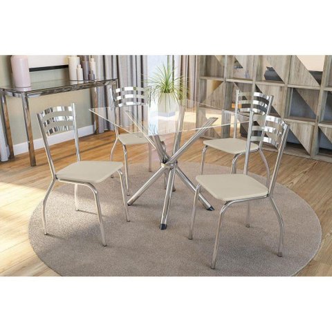 Kit Mesa Volga C- Tampo Vidro 90cm + 4 Cadeiras Portugal Cromado Courano Nude
