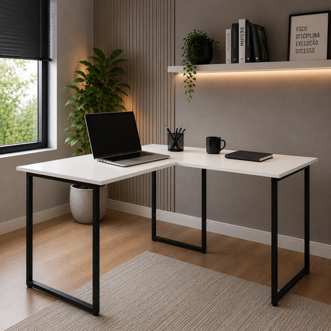 Mesa para Home Office em L Estrutura de Ferro Max 90x150 cm - Branco