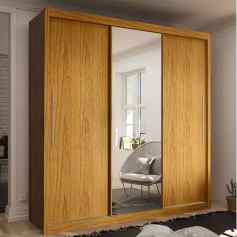 Guarda Roupa Casal com Espelho Grande 3 Portas de Correr 4 Gavetas Royale Naturalle / Off White ( Fl