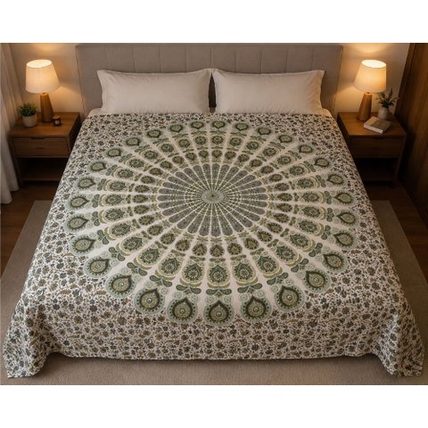 Colcha Indiana Mandala Verde Casal em Algodão 2,30m x 2,10m