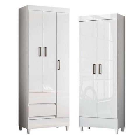 Guarda Roupa Solteiro 3 Portas com Pés Fit e Armário Multiuso Fit Branco Brilho – Santos Andirá 