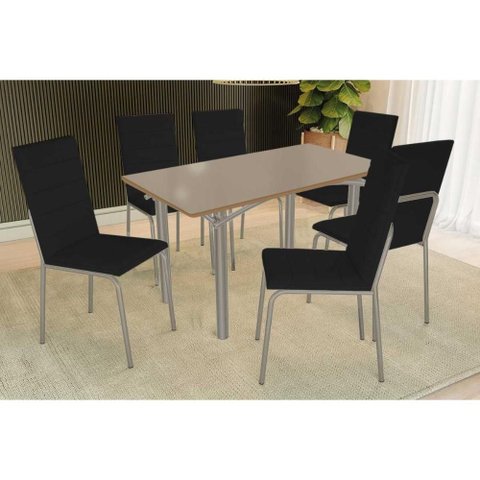 Sala de Jantar Completa Elba Tampo Madeirado C/ Vidro 160cm e 6 Cadeiras Amsterdã Niquel/freijo