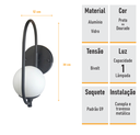 Ver imagem 7 de Arandela Online Preta Globo de Vidro Branco + Led 5w
