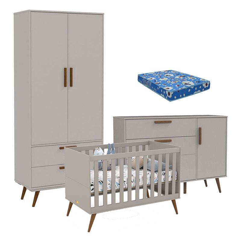 Bebe Ratero Quarto de Bebê Retrô 2 Portas com Berço Retrô Gold Cinza Soft Eco Wood ...