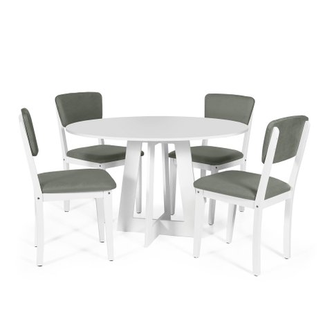 Mesa de Jantar Redonda Montreal Branca com 4 Cadeiras Estofadas Ella Branco/cinza