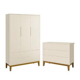 Jogo de Quarto Infantil Classic Guarda Roupa 3 Portas e Cômoda 6 Gavetas Areia Fosco com Pés - 1