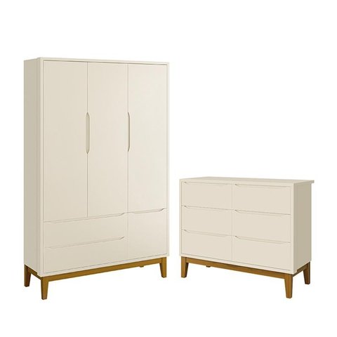 Jogo de Quarto Infantil Classic Guarda Roupa 3 Portas e Cômoda 6 Gavetas Areia Fosco com Pés