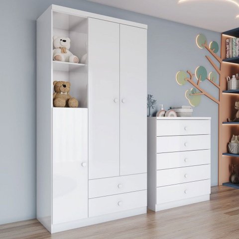 Quarto de Bebê Completo Bala de Menta 3 Portas 7 Gavetas Branco - Henn