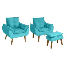 Kit 2 Poltronas Decorativas e Puff Opala Suede Azul Turquesa Smf Decor - 1