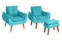 Ver imagem 1 de Kit 2 Poltronas Decorativas e Puff Opala Suede Azul Turquesa Smf Decor