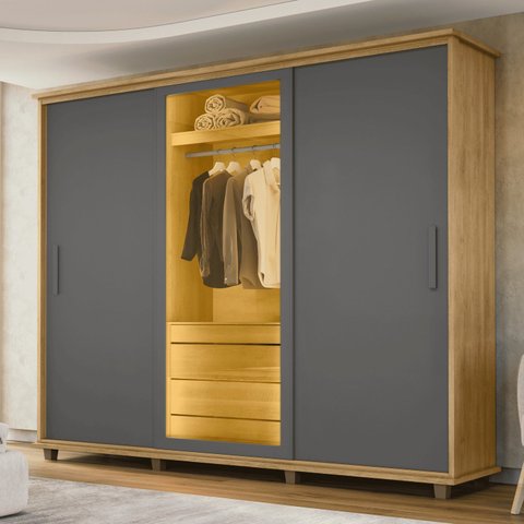 Guarda-Roupa Casal 3 Portas de Correr 1 Porta com Vidro Reflecta com LED 5 Gavetas Portugal Cinza/Cinamomo/Grafite