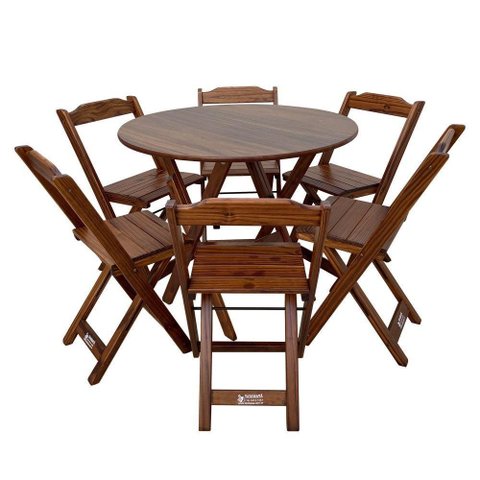 Mesa Dobrável de Madeira Redonda 90cm com 6 Cadeiras Imbuia - Cor: Marrom