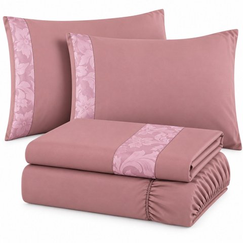 Jogo de Lençol Queen Madri 400 Fios Micropercal Rose Friso Floral Toque Macio 4 Peças