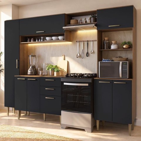 Cozinha Compacta Lille 8 Portas 2 Gavetas MDP 265cm Rustic-Preto Madesa