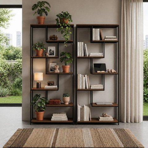 Kit 2 Estantes para Livros 6 Prateleiras 182x180cm Marrom e Preto Yescasa
