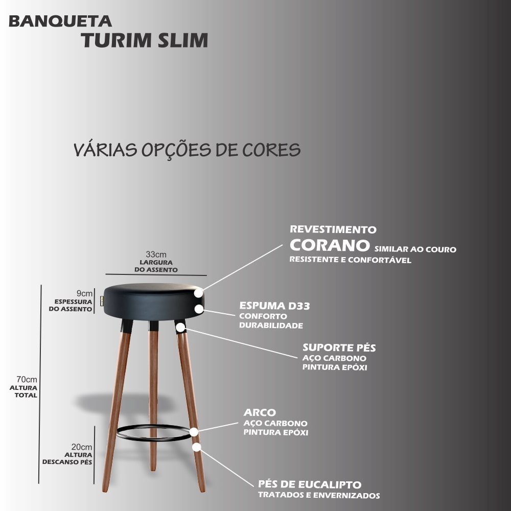 3 Banquetas Alta para Cozinha e Bancada Turim Slim 70cm Egmobile Cinza Asfalto - 3