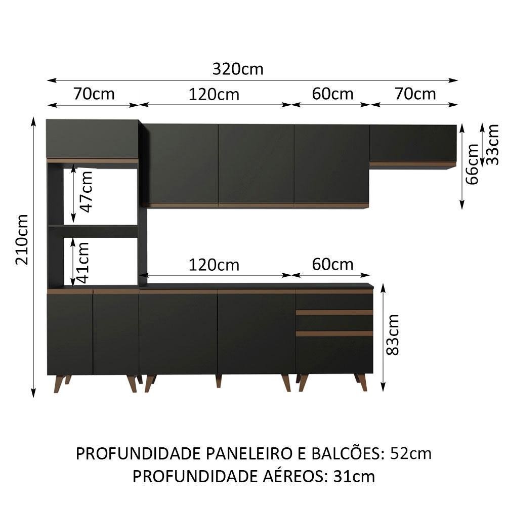 Armário de Cozinha Completa 320cm Preto Reims Madesa 01 - 4